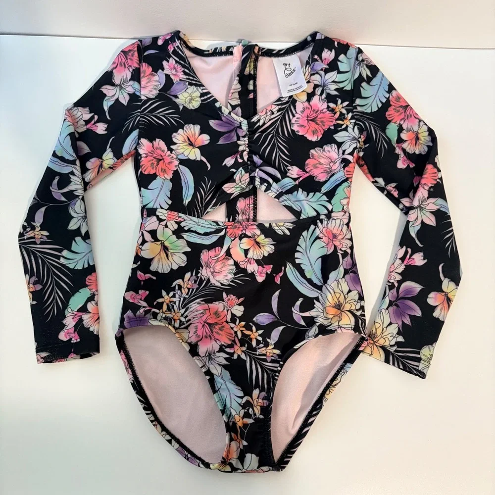 Art Class Swimsuit One Piece Floral Cutout‎ Girls Size XS 4/5 Black Long Sleeved